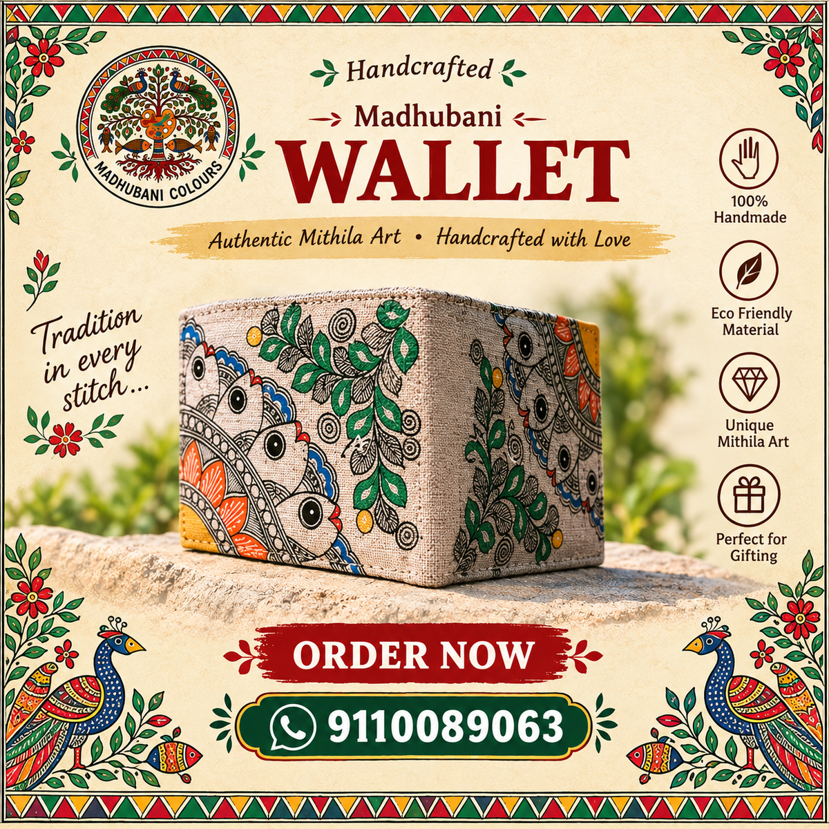 Handcrafted Madhubani Wallet with Mithila art design