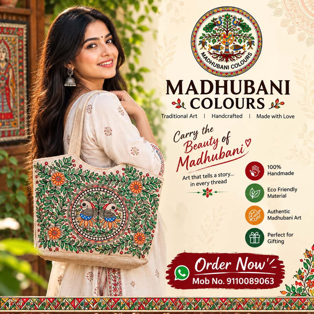 Handcrafted Madhubani Tote Bag with Mithila art design