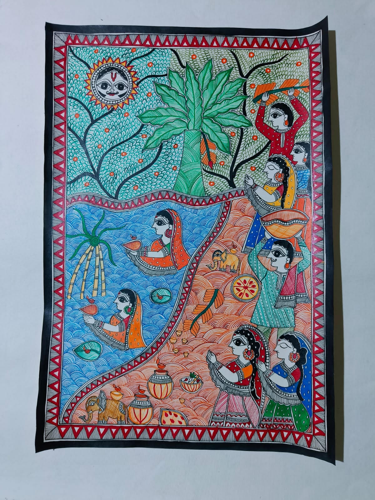Chhath Puja Madhubani Painting | Traditional Mithila Folk Art | Hand-Painted Wall Décor