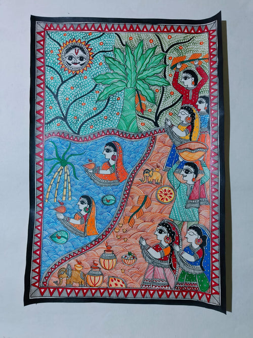 Chhath Puja Madhubani Painting | Traditional Mithila Folk Art | Hand-Painted Wall Décor