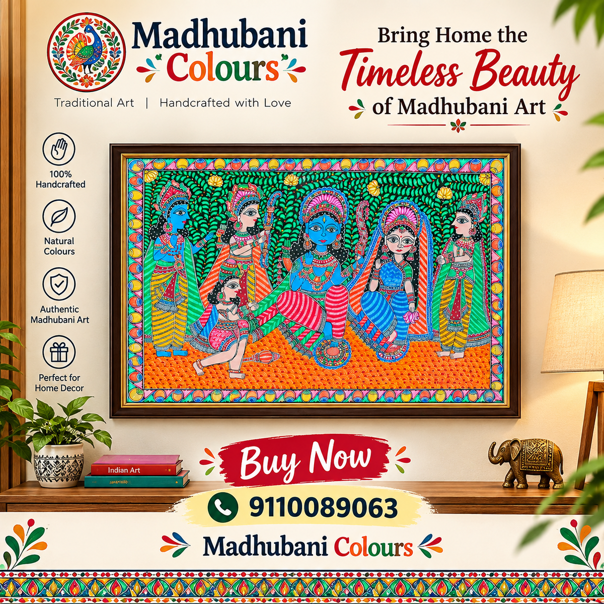 Ram Darbar Madhubani Painting showing Lord Ram, Sita, Lakshman and Hanuman in vibrant traditional Mithila folk art style with natural colours and intricate border patterns