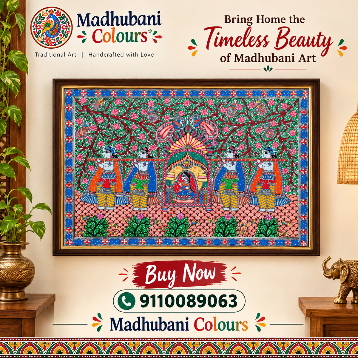 Madhubani Doli Painting showing a traditional Indian wedding procession with dancing figures, peacocks, and flowering trees in vibrant Mithila art style