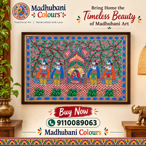 Madhubani Doli Painting showing a traditional Indian wedding procession with dancing figures, peacocks, and flowering trees in vibrant Mithila art style