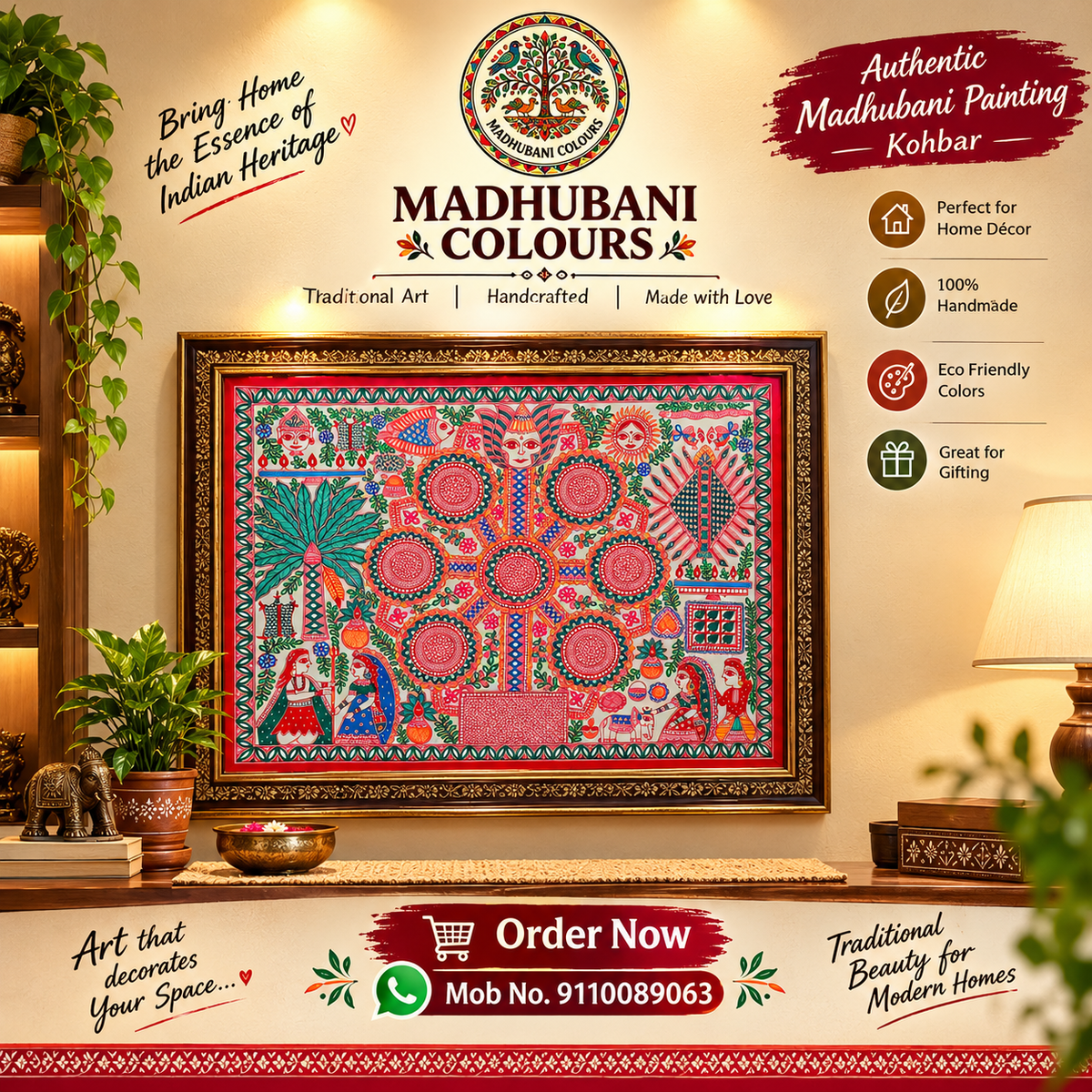 Authentic Madhubani Kohbar Painting – Mithila traditional wall art