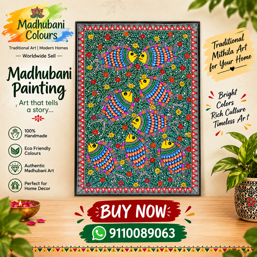 Handmade Madhubani fish painting with vibrant eco-friendly colours on green background – Mithila folk art for home decor