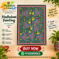 Handmade Madhubani fish painting with vibrant eco-friendly colours on green background – Mithila folk art for home decor