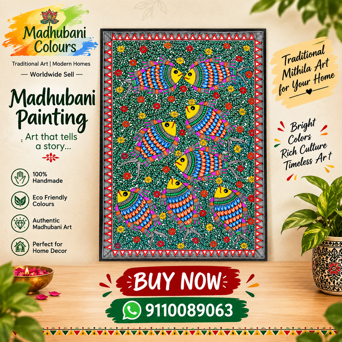 Handmade Madhubani fish painting with vibrant eco-friendly colours on green background – Mithila folk art for home decor