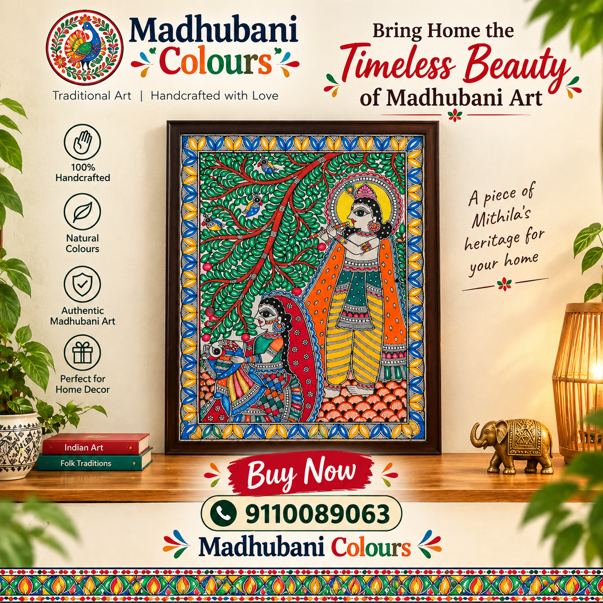 Radha Krishna Madhubani Painting showing Radha and Krishna under flowering trees in vibrant traditional Mithila folk art style with natural colours and lotus border